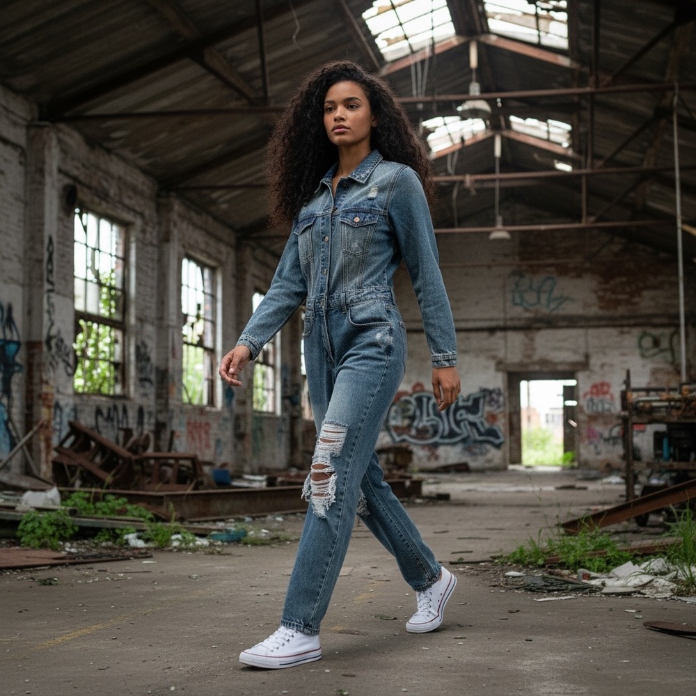 Denim Distressed Utility Jumpsuit - Blue CB with tags